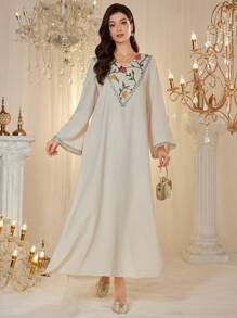 Al Najma Women's Elegant Floral Embroidered White Abaya, Arabic Islamic Dress For Women, Moroccan Caftan, Modest Kaftan