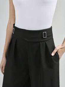 Ontre 2025 女式高腰金属扣细节宽松阔腿裤，简约设计，城市通勤风格