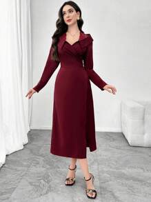 Modelyn Women Elegant Deep V-Neck Lapel Contrast Lace Slim Fit Midi Dress, Versatile Long Sleeve - Burgundy - View 6