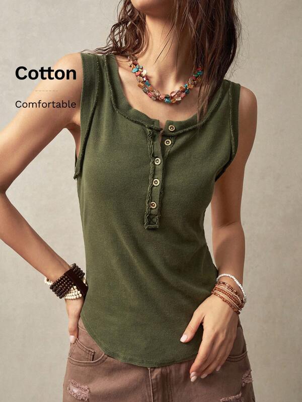 Bohemela Vacation Women's Summer Solid Color Buttoned Half-Front Casual Tank Top