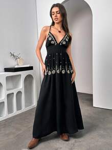 Chiquease Vestido con cuello en V profundo con bordado floral para mujer, ropa de playa de vacaciones - Negro - Ver 1