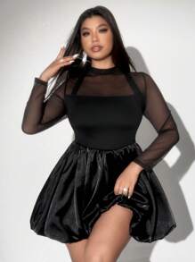 Viva Relle Plus Size Elegant Sheer Mesh Solid Color Dress - Black - View 7