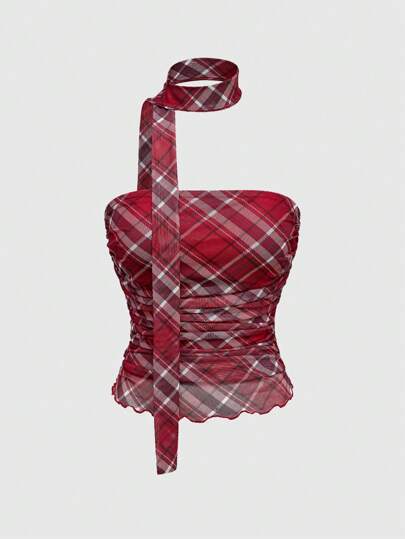 J-Fashion Women's Plaid Print Pleated Halter Neck Camisole