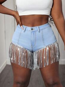 SHEIN Slayr Blue Denim Shorts For Women, Elastic Skinny Fit, Sexy Ripped Glitter Design, Fashion Summer - Blue - View 1