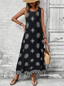 EMERY ROSE 女式复古花卉印花长款休闲连衣裙，夏季 - 黑與白 - 查看 3