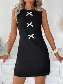 SHEIN LUNE 女士无袖纹理简约休闲宽松复古蝴蝶结领连衣裙，适合春夏秋冬老款风格女性 - 黑色 - 查看 3