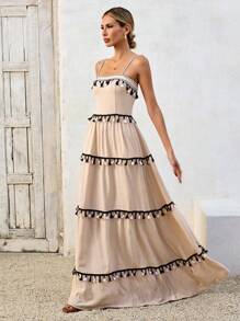 SHEIN VCAY 女士度假拼布流苏肩带超长连衣裙