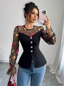 Elenzga Blusa con inserto de malla y bordado de rosa negra para mujeres