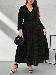 Firerie Plus Size Women Elegant Floral Olive Green Soft Mesh Print Loose A-Line Midi Dress, Comfortable For Casual Outings, Dates, Vacation - Black - View 4