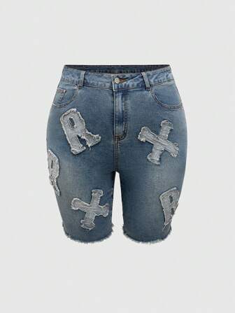 Grunge Punk Bermudas casuales de mujer talla grande con bordado cruzado, dobladillo deshilachado y tejido de mezclilla lavado elástico
