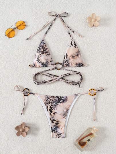 SHEIN Swim Women's Leopard Print Halter Sexy Bikini Set With Tie-Up Design, For Summer Beach Vacation
