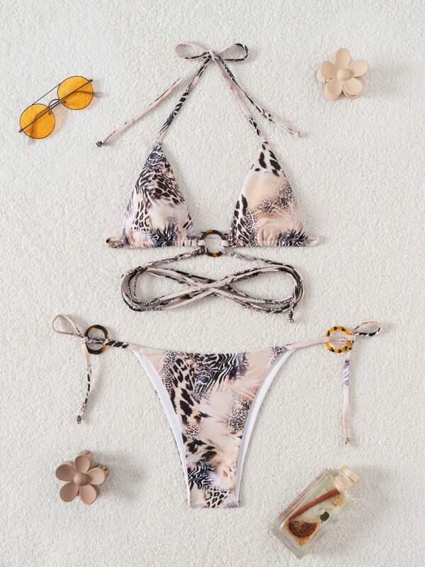 SHEIN Swim Women's Leopard Print Halter Sexy Bikini Set With Tie-Up Design, For Summer Beach Vacation