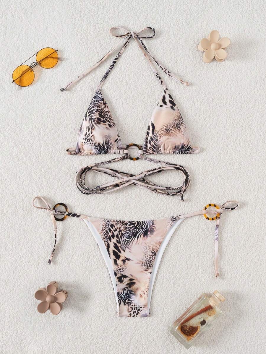 SHEIN Swim 女士豹纹吊带性感比基尼套装，系带设计，适合夏季海滩度假 - 彩色 - 查看 1
