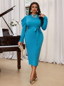 Fleurora 秋冬季优雅海军蓝针织圆领长袖紧身连衣裙大码连衣裙蓝色连衣裙 - 藍色 - 查看 3