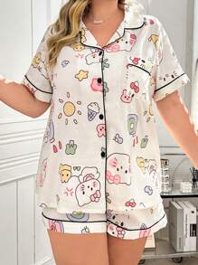 SHEIN 大码趣味卡通云朵印花柔软睡衣套装 - 米色 - 查看 6