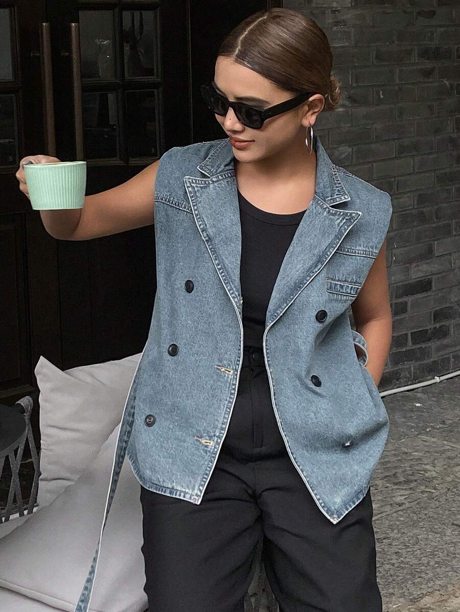 Livesso 女式无袖牛仔夹克，配腰带，腰部收紧 - 中等水洗藍 - 查看 1