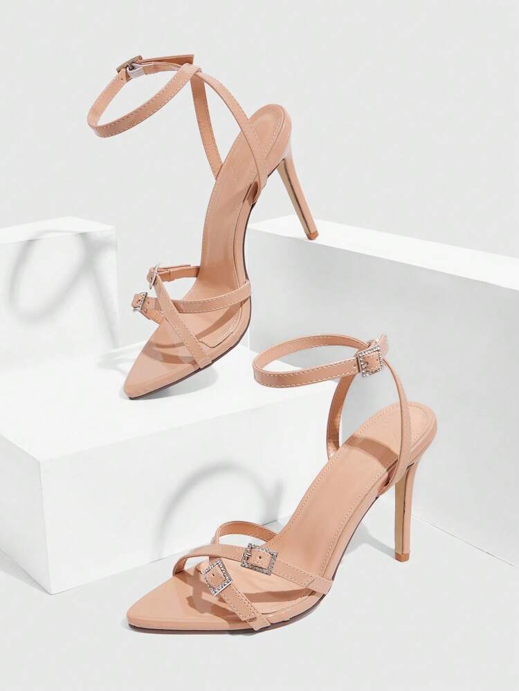 CUCCOO SZL Women Sexy Pointed Toe High Heel Sandals With Cross Strap, Rhinestone Buckle Decor, Elegant And Charming Almond Color Patent Leather Summer Party Stilettos