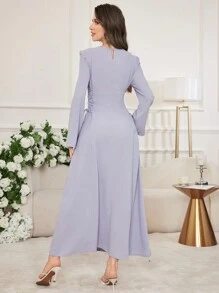 Modelyn Feather Decor Cinched Waist V-Neck Solid Color Elegant Long Sleeve Dress
