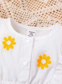 Baby Girl Floral Print Button-Front Top And Long Pants Set, Minimalist Style - Light Wash - View 3