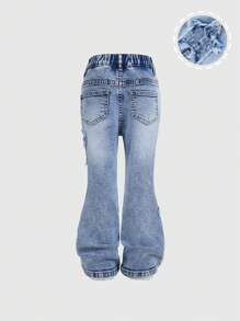 SHEIN Young Girls' Distressed Star Embroidered High Elasticity Flare Jeans With Ruffled Hem, Comfortable Cute Daily Wear, Light Wash Blue - Light Wash - View 2