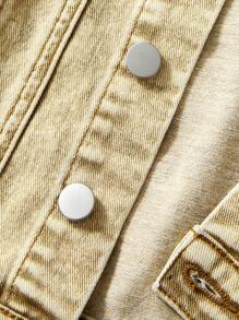 Unisex Young Kids Causal Urban Street Neutral Khaki Stone Wash Ripped Relax Fit Button Front Fastening Denim Jacket,Spring Summer Must Have Daily Fashion Item
