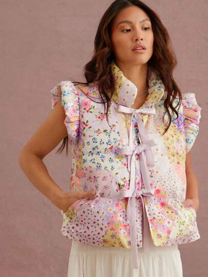 WESTFADE Winter Holiday Flower Print Cute Bow Front Puffer Vest Top 90s