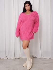 SHEIN EZwear Plus Size Women's Fuzzy Knit Pullover Sweater Dress, Daily Casual And Lightweight Party Wear, Autumn/Winter - Pink - View 1
