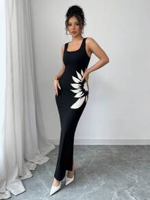 Rafferiza Vestido casual de cuello redondo con impresión y abertura lateral sin mangas para mujer