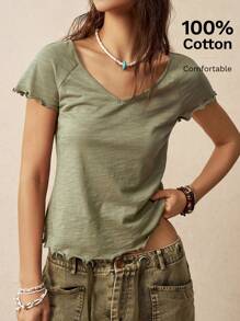 Bohemela Women's Summer Vacation Solid Color Slouchy Short Sleeve V-Neck T-Shirt