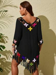 Swim Lushoire Plus Size Loose Crochet Floral Patchwork Tassel Long Sleeve Cover Up Dress, For Summer Beach Vacation - Black - View 2