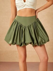 Christian Allana Designer Cute Saga Green Solid V- Inset Detail Pleats Bubble Hem Women Mini Skirt Festival,Boho,Bohemian, Summer,Beach For Women,Concert,Elegant,Vacation