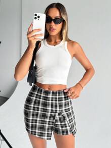 SHEIN Essnce 格紋印花前圍裹裙裤 - 黑與白 - 查看 5