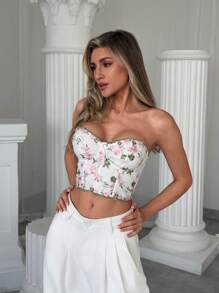Aloruh Women Elegant Romantic Fashion 3D Floral Embroidery Mesh Bodycon Tank Top
