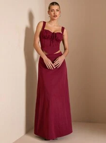 SHEIN BAE 2pcs Set Women's Burgundy Summer Elegant Party Outfit:Ruched Strap Back Tie Waist Camisole & Maxi A-Line Skirt,Suitable For Early Spring Vacation - Burgundy - View 6