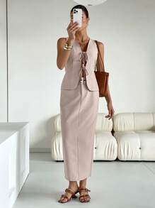 SHEIN Essnce 波西米亚风假日杏色蝴蝶结背心和修身开衩长裙两件套女式纯色前系带无袖上衣和迷你裙套装，极简主义风格