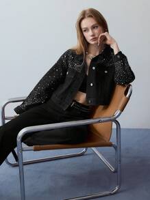 MOTF STUDIO 水钻细节宽松牛仔夹克 - 灰色 - 查看 4