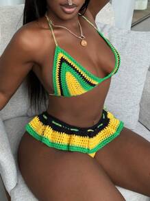 Swim SXY Nadar Verão Praia Férias Trajes Mardi Gras Mulher Biquíni Crochê Conjuntos - Multicolorido - Ver 5
