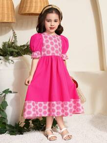 SHEIN Young Girl Print Patchwork Blouson Sleeve Round Neck Dress, Easter - Pink - View 3