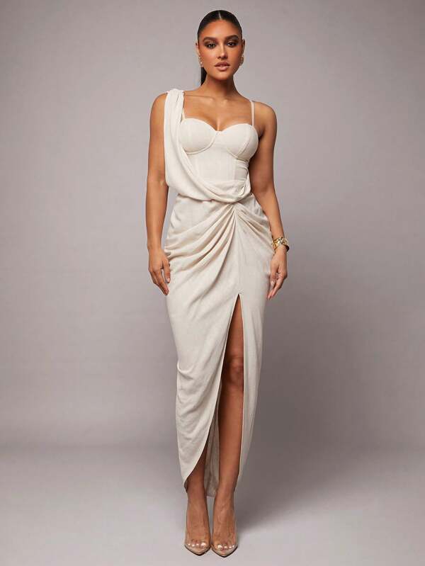 Silquee Romantic Valentine's Day & Date Night Apricot Linen Asymmetric Plunging Neckline Dress With High Slit, Adjustable Spaghetti Strap, Suitable For Parties, Weddings, Dances, Daily Wear, Vacation