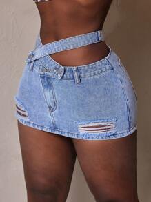 Slaydiva 女式前扣口袋做旧简约休闲牛仔裙 - 藍色 - 查看 4