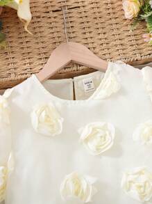SHEIN Tween Girls 优雅简约泡泡袖 3D 花朵衬衫 - 杏色 - 查看 5