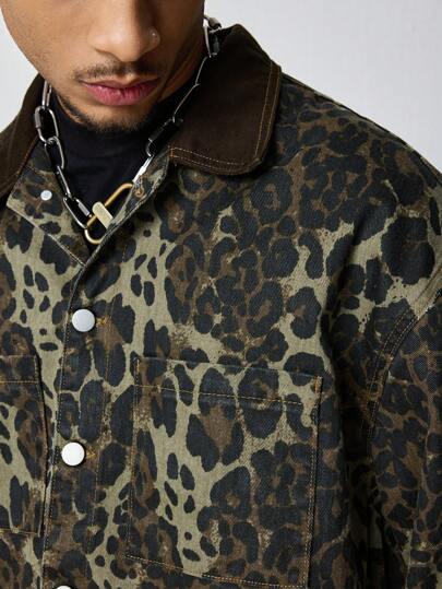 Grunge Punk Men's Grunge Leopard Camo Print Single-Breasted Pocket Denim Shirt