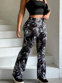 SHEIN Allurite Astrology Star Pattern Flared Sweatpants - Black - View 1