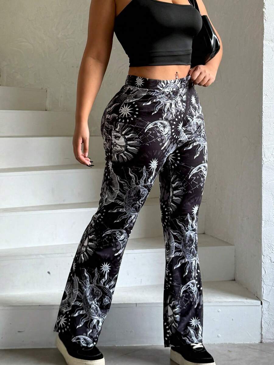 SHEIN Allurite Astrology Star Pattern Flared Sweatpants - Black - View 1