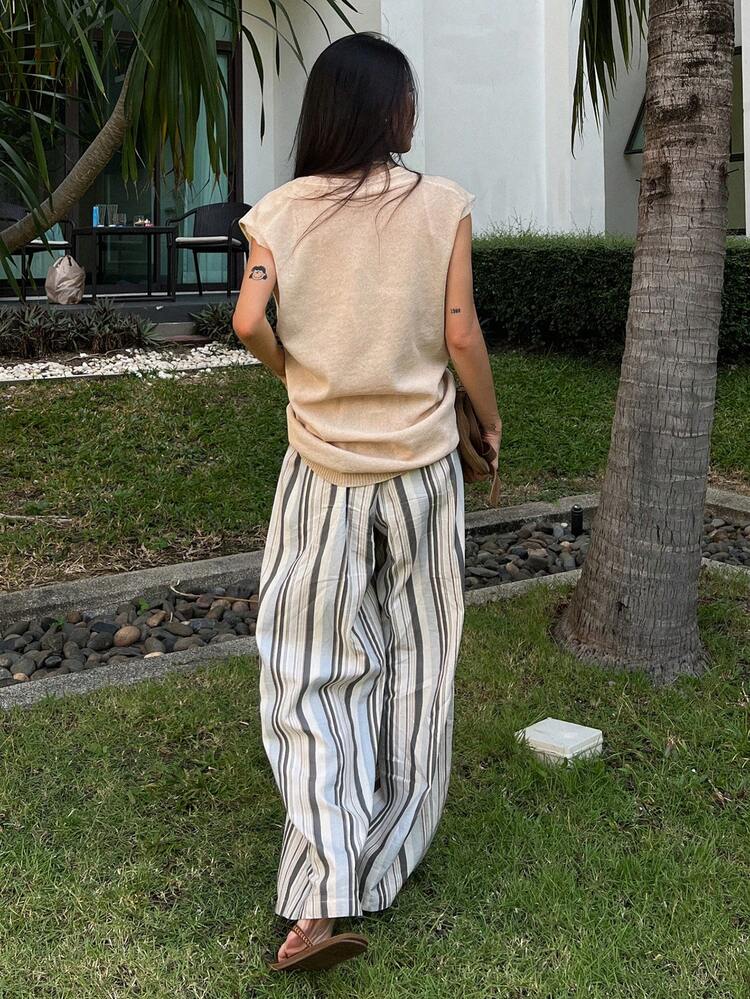 Solid Color Loose Sleeveless Deep V Neck Casual Summer Knit Tank Top For Women