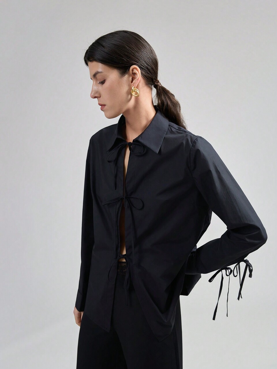 Women's Simple Black Button-Down Tie-Waist Shirt For Commuting