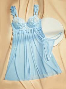 Charlaine ثوب نوم نسائي مثير (مع حمالة صدر + قطع دانتيل) - أزرق فاتح اللون - مشاهدة 4