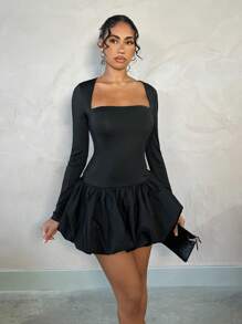 SHEIN BAE Black Solid Color Elegant Backless Long Sleeve Square Neck Tight Fitting Bodycon Peplum Dress, Princess Dress, Date Dress, Music Festival Dress, Valentine's Day Dress, Party Dress, Bridesmaid Dress, Ball Gown Dress, Casual Dress, Black Dress, Birthday Dress, Graduation Dress, Back To School Dress, Spring/Summer
