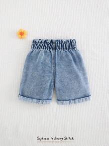 Cozy Pixies Young Girls' 3D Flower Decor Elastic Waist Casual Denim Shorts, Versatile & Comfortable