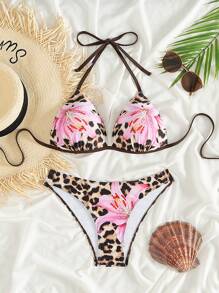 Swim SXY Springbreak Women's Leopard Print Halter Tie Side Bikini Set For Summer Beach Vacation - Multicolor - View 8